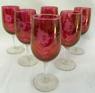 Six Antique Vintage Czech Bohemian Glass Cranberry Cut To Clear Cordials Glasses