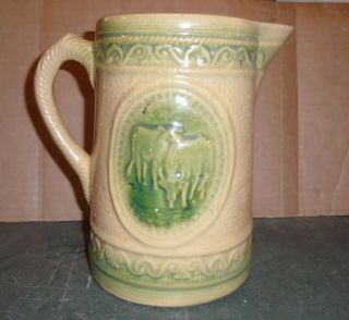Antique Salt Glaze Yellow Ware Stoneware Pitcher With Cows