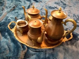 6 Piece Vintage Antique Brass Tea Coffee Set Two Tea Pots Cream Sugar Tray.
