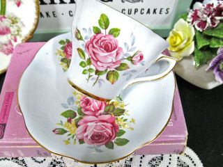 ROSINA CROWNFORD tea cup and saucer baby blue pink rose pattern teacup 1930s 3
