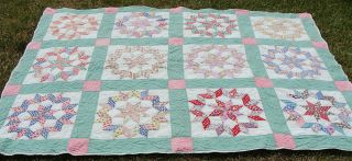 Antique Cotton Patchwork Multi - Star All Hand Quilted Quilt,  82 " X 62 "