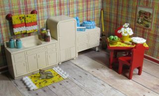 Strombecker Kitchen Appliance & Dining Set,  Vintage Wooden Dollhouse Furniture