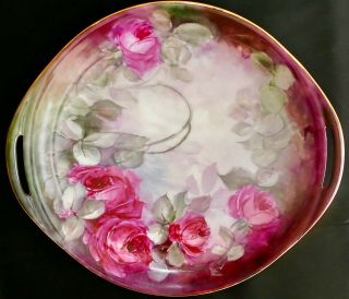 Circa 1984 - 1931 Haviland France Hand Painted Roses 2 - Handle Porcelain Tray Platt