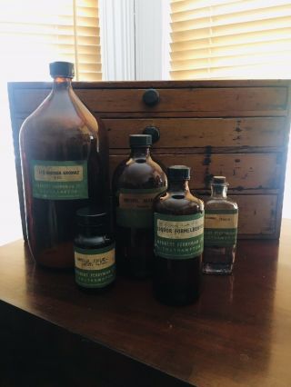Antique Amber Brown Glass Apothecary Pharmacy Chemistry Poison Bottles 1940/50 