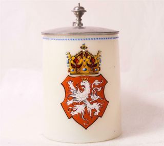 Antique Bohemian Glass Beer Stein White Overlaid Enameled Coat - Of - Arms C.  1890s