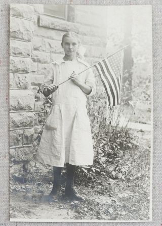 Antique Rppc Photo Young Girl White Cotton Dress Patriotic Parade Flag 4th July
