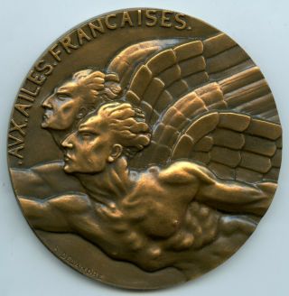 France Aviation Aux Ailes Francaises Bronze Art Deco Medal By Delandre 68mm 196g