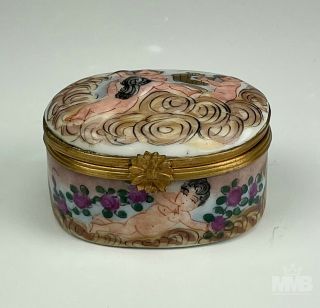 Antique French Hand Painted Nude Cherub Angel Gilt Brass Mounted Trinket Box Lhb