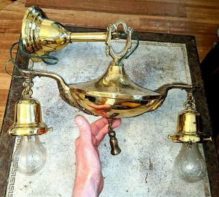 Vtg Antique Brass 2 Light Hanging Lamp Light Chandelier For 2 1/4 " Fitter Shades