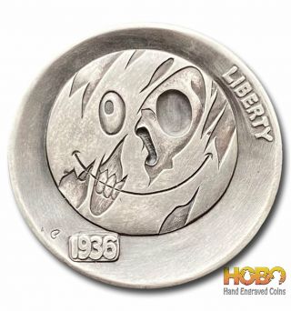 Hobo Nickel Coin 1936 Buffalo " Skull Moon " Hand Engraved Gediminas Palsis