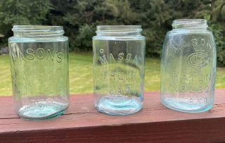 3 Different Styles Of Antique Mason Jars Patent Nov 30th 1858 Pint Size.  2 Groun