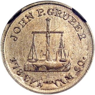 York City Civil War Token John P Gruber Over 1863 Cent R7 Ngc Ms65