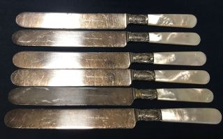 6 Harlem Cutlery Co.  Mother Of Pearl Handles Sterling Bands Dinner Knifes