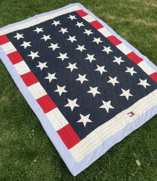 Vintage Tommy Hilfiger Usa Flag Comforter Bedroom Blanket Size Queen 62 X 87