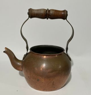 Antique Solid Copper Teapot Tea Kettle With Wood Handle Made In Portugal