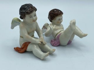 Pair German Antique Glazed Porcelain Figurines Cherubs Angels Illegibly Marked