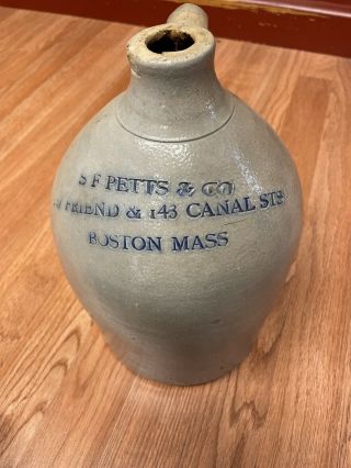 Antique S F Petts & Co 143 Canal St Boston Mass Adv Stoneware Crock Jug