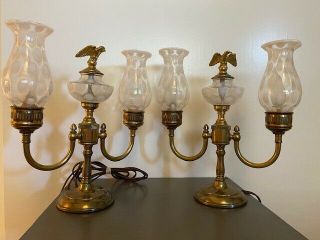 Antique Fenton French Opalescent Coin Dot Brass Eagle Double Student Table Lamps