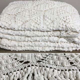 Vintage Crochet Lace Bed Cover Coverlet Bedspread 80 " X 95 " Off White Fringe