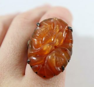 Antique Chinese Sterling Silver Carved Flower Natural Carnelian Ring 3us