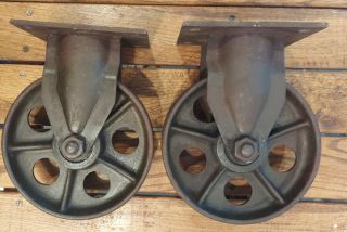 Matched Pair Antique Casters,  8 ",  Cast Iron Industrial Spoked Wheels Steampunk