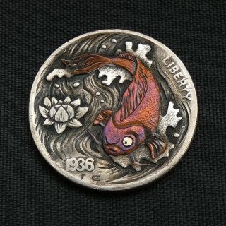 Hobo Nickel Koi Against The Current Hand Carved 1936 Buffalo Coin Art
