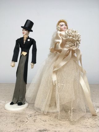 Vintage Wedding Party Cake Topper Bride Groom Dolls Crepe Paper Celluloid 1930 
