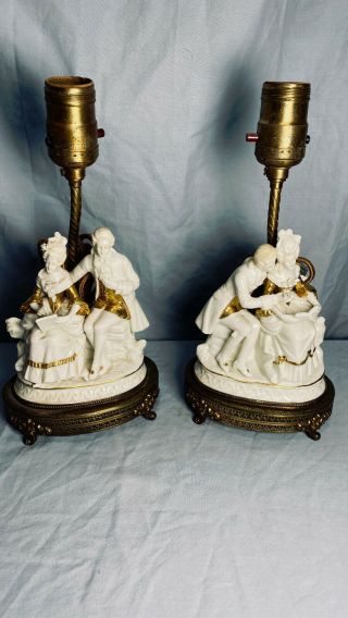 Antique Dresden Porcelain Courting Couple Figural Lamps - Filigree Brass