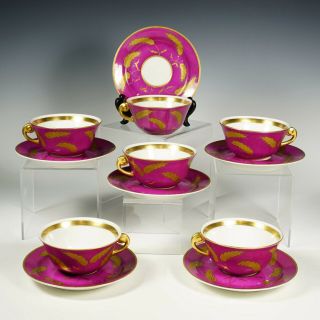6 Vintage Art Deco French Porcelain Cups & Saucers,  Pink & Gold,  Lj & Cie France