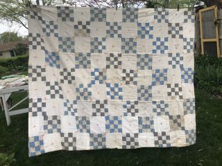 Vtg Handmade Quilt 16 Patch 68 " X 80 " Antique Indigo Blue Cotton Feedsack