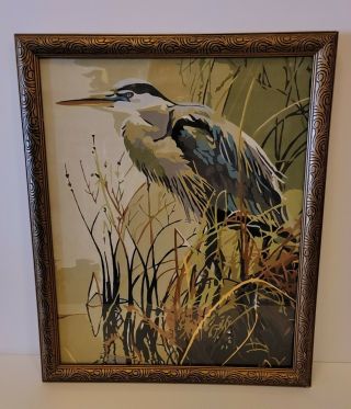 Vintage Style Tropical Blue Heron Paint By Number Painting Finished Framed