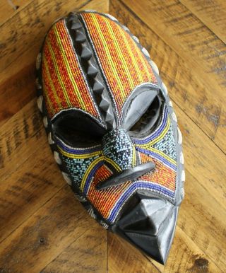 Wonderful Carved African Mask With Beads And Shells 13 "