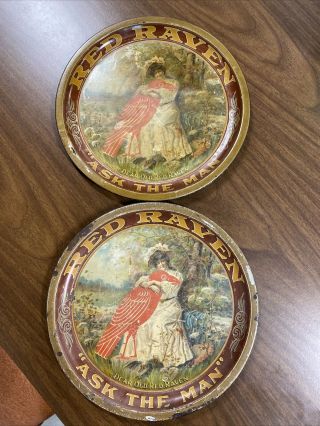 Antique Advertising Sign Pre 1930 Red Raven 2 Serving Tray Tins