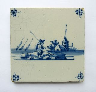 Antique Dutch Blue Delft Tile 5 1/16 " Square X 5/16 " Traveler