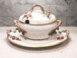 Vintage Hand Painted Strawberry Soup Tureen W/lid & Liner,  Italy