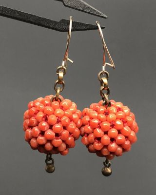 Antique Victorian Gilt Silver Natural Salmon Coral Bead Ball Cluster Earrings