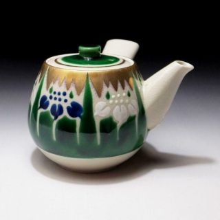 $wc45 Japanese Hand - Painted Sencha Tea Pot,  Kutani Ware,  Iris Flower,  Dia.  4.  5 "