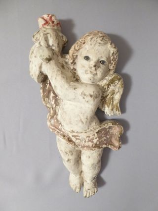 Vintage Antique Hand Carved Painted Wood Angel Putti Cherub Carving Glass Eyes