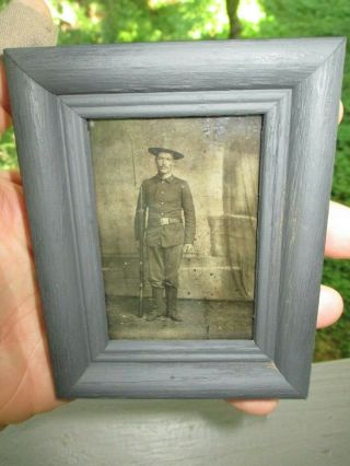 Indian Wars Us Armed Soldier W/ Rifle Outdoors? Tintype Antique Photo