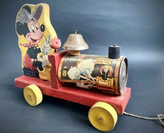 Vintage 1949 Fisher Price Mickey Mouse Choo - Choo No.  485 Wooden Pull Toy