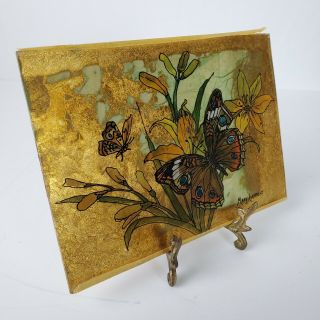 Antique Vintage Mary Albracht Reverse Painting On Glass Butterflies Gold 7x5 In