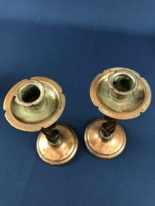 pair Antique Barley Twist metal / copper & wood candle holders candlestick 1800s 2