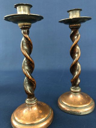 pair Antique Barley Twist metal / copper & wood candle holders candlestick 1800s 3