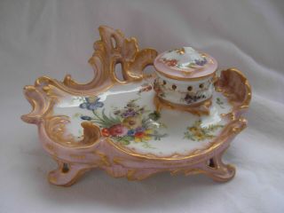 Antique French Old Paris Hand Painted Porcelain Inkwell,  Late 19th Century.