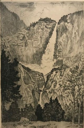 Yosemite Falls California Lyman Byxbe Etching Ca.  1940 - 45