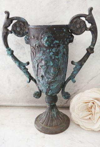 Antique Ornate Cast Bronze Chalice Urn Vase Cherub Lion Floral Figural W Patina