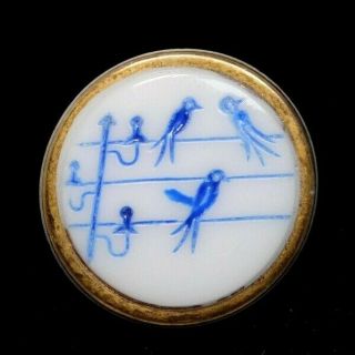 Antique Vtg Button Hand Painted Glass Blue Birds On A Wire G1
