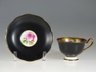 Royal Albert Black with Pink Cabbage Roses Tea Cup and Saucer,  England c.  1917 2