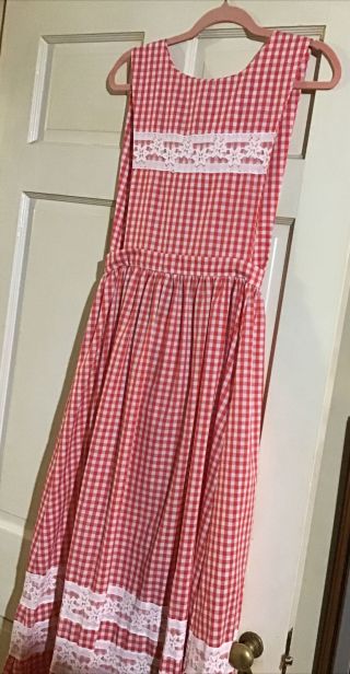 Vintage Handmade Apron Dress Red Gingham Lace Bib,  Quaint,  Maxi,  Sm,  27” Waist