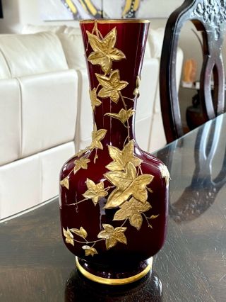 Large Antique Bohemian Cased Oxblood Red Art Glass Vase Harrach Gold 9.  5 "